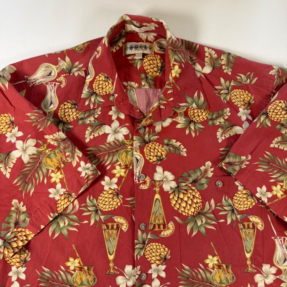 Campia Moda Red Hawaiian Shirt Pineapple Tropical Cocktail Cotton Men's MEDIUM